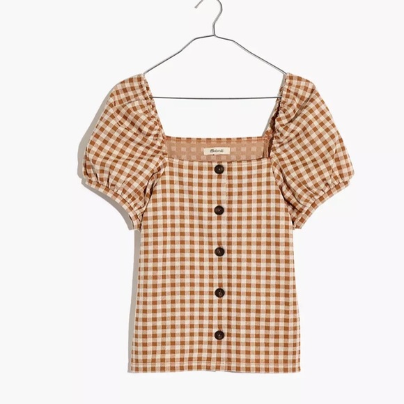 Madewell Tops - NWT Madewell Gingham Jaquard Square Neck Puff Sleeve Top Brown Cottagecore